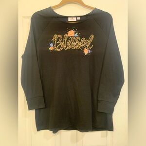 Quaker Factory Black Long Sleeve Blessed Embroidered Shirt.        2152